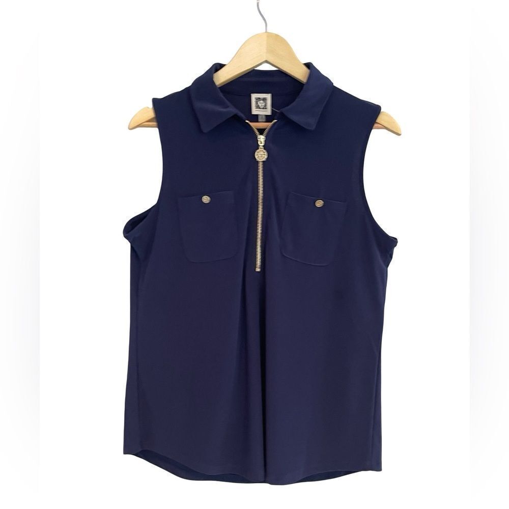 Anne Klein Deep Blue sleeveless zipper, top pocket front.